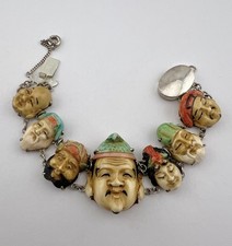 Vintage Japanese SILVER Toshikane Porcelain Seven Lucky Gods Link Bracelet picture