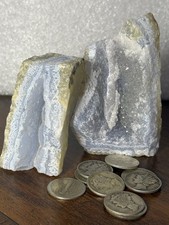 Blue Lace Agate Rough Stones, 2 Piece Lot, Raw Mineral Specimens & 10 90% Dimes picture