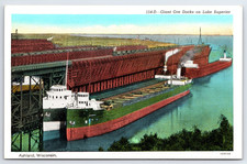 Ashland Wisconsin WI Lake Superior Giant Ore Docks Boats Vintage Postcard picture