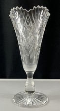 Cut Crystal Footed Trumpet Vase Sawtooth Rim Starburst Base 8 Inch Vintage picture