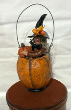 Prim Halloween Folk Art Hand Painted Clay Witch Figurine in Clay Pumpkin CPC2026 picture
