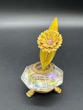 Vintage Hand Painted Metal Enamel Yellow Flower Claw Footed Glass Vase picture