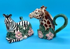 Vintage 1992 Fitz & Floyd Giraffe Creamer & Zebra Sugar Bowl w/ Spoon – EUC picture