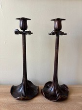 Lovely Pair French Patinated Solid Bronze Art Nouveau Candlesticks c. 1900 picture