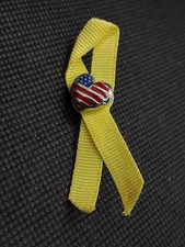 Vintage AMERICAN FLAG Heart Shape Yellow Ribbon Lapel Pin picture