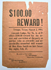 Antique Texas Wanted $100.00 REWARD Poster / Troupe, TX, March 2, 1904 picture