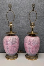 Pair MCM Rembrandt Pink Chinoiserie Tree Ceramic Lamps Hollywood Regency Vintage picture