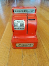 VTG Uncle Sam’s 3 Coin Register Piggy Bank Durable Toy Co Red Metal Bank picture