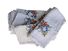 Vintage Linen Napkins Set Cross Stitch Floral Embroidery Hemstitch 15in Lot 7 picture