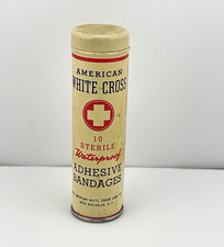 Vintage 1940s American White Cross Bandage Tin Can Cylinder Apothecary Display picture