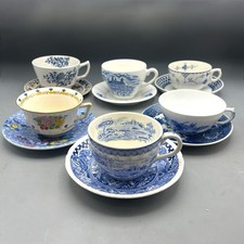 Vintage Mismatched Blue And White Tea Cups And Saucers Six Sets  picture