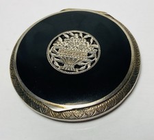 Antique Austrian 925 Sterling Silver Black Enamel Powder Compact Art Deco 1920s picture
