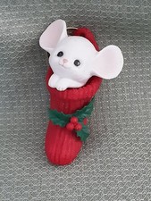Vintage Enesco Ceramic Mouse in Resin Red Christmas Stocking Ornament 1989 ~EUC picture