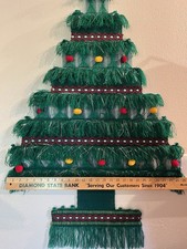 Vtg 70s Large Woven Christmas Tree Wall Hanging Pom Pom tinsel Tinsel 26” x 42” picture