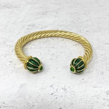 Stunning Emerald Green Enamel & Cabochon 18K Yellow Gold Over Open Cuff Bracelet picture