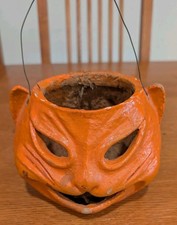 Vintage Antique 1940's Halloween Orange Cat Paper Mache Jack-O-Lantern picture