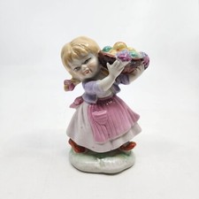 Porcelain Girl Carrying Basket of Fruits Figurine Japan Vintage Kitschy 4.5