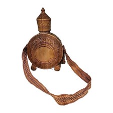 VTG Hand Carved Wooden Wood Canteen Decanter Flask with Strap Folk Art Balkan picture