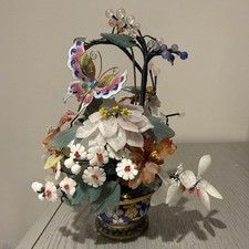 Vintage - Cloisonné Flower Basket With Carved Jade & Quartz, Gemstone Flowers & picture