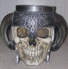 Viking Ram Horned Warrior Skull Battle Helmet Beer Stein Tankard Metal Insert picture