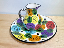 Vintage Pier 1 | Hand-Painted Ceramic Water Tea Pitcher Matching & Platter | NEW picture