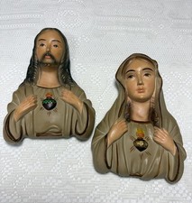 Vintage Norleans Japan Sacred Heart Jesus Mary Chalkware Wall Plaques Pair picture
