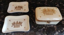 ANTIQUE F B S FRENCH PORCELAIN HAND PAINTED HINGED TRINKET GILT DRESSER BOX picture
