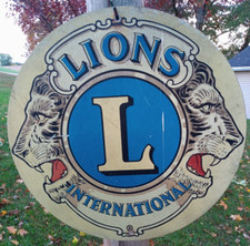 Vintage LIONS INTERNATIONAL 30 Inch Metal sign The Sign is blue & cream colored, picture
