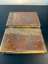 J Lowy Wien Brass Boxes Pair Etched Harbour Scene Vienna Austria Antique Vintage picture