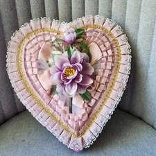Vintage 1960s Valentine Heart Candy Box Pink Pleated Lace & Purple Floral 6J51F picture