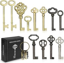 12PC Skeleton Key Set Antique Furniture Cabinet Drawer Clock Hollow Barrel Keys picture