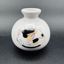 Kutani Yaki Ware Mini Flower Bud Vase Sleeping Calico Cat Neko Made in Japan NEW picture