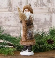 Primitive Belsnickle Brown White Plaid Santa Claus Holds Christmas Tree 10