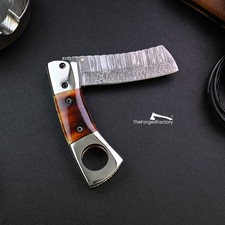 Damascus Steel Cigar Cutter Knife Tactical Pocket EDC Tool with Sheath picture