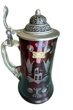 Egermann Czech Republic Red Etched Glass Beer Stein Mug w/ Metal Lid & Handle picture