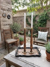 MCM style wooden candlestick holders tall turned-wood design rustic brown finish picture