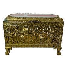 Antique Ornate Gold Plated Metal Jewelry Casket Box Floral Glass Top Footed Vtg picture