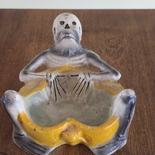 Vintage Cast Iron Skeleton Skull Occult Gothic Ashtray Trinket Dish Halloween picture