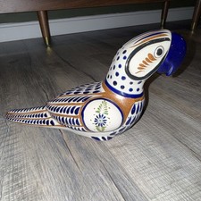 Vntg Mexican Pottery Parrot Figurine 13” Hand Painted Blue White Floral Folk Art picture