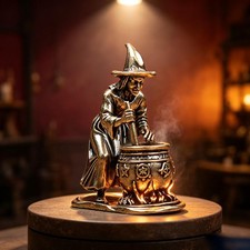 Brass Witch Figure with Cauldron Statue Witchcraft Figurine Halloween Tabletop picture