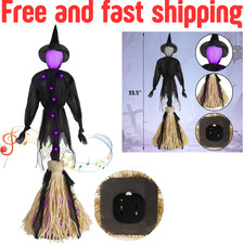 Halloween Animated Witch Decor, Sound Activated Spinning Witch on Broom with Pur picture