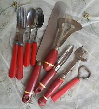 Vintage Lot of 9 Red Handle Utensils Bakelite / Wood Retro Farm Kitchen  picture
