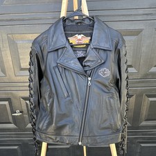 Harley-Davidson Black Leather Moto Jacket Lace-Up Sleeves Size M Vintage 2002 picture