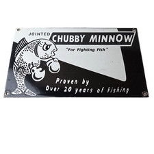 Vintage Chubby Minnow Sign - Fishing Lure Advertisement Porcelain Gas Pump Sign picture
