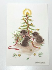 Vintage UNUSED KRISTIN ELLIOTT Christmas Card Kittens Playing under Tree picture