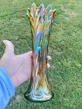 Vintage Northwood Green Carnival Glass Vase 10