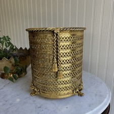 VTG MCM Gold Rope Tassel Claw Footed Hollywood Regency Metal Wastebasket Cover picture