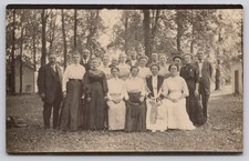 RPPC Large Group Men Women Outdoors Small Building 1904-1918 Real Photo Postcard picture