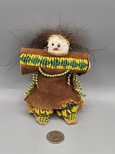 VINTAGE AMERICAN BEADED Folk Art LEATHER DOLL, Signed Plains? picture
