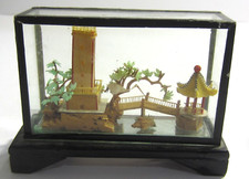 Vintage Miniature Oriental Diorama Carving Crane Pagoda Trees picture